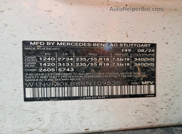 W1N9M0KB8RN109535 2024 MERCEDES-BENZ EQB White VIN կոդի պիտակի տեսք