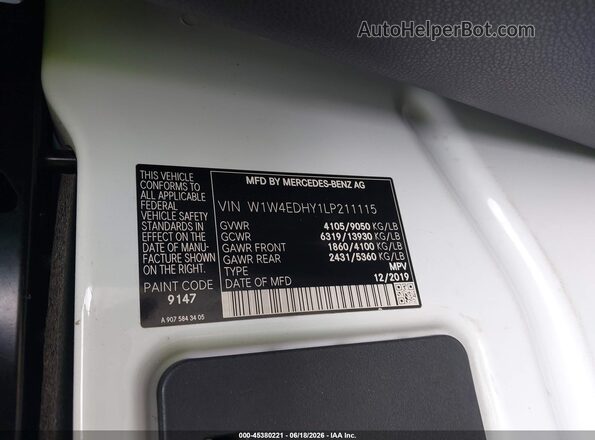 W1W4EDHY1LP211115 2020 MERCEDES-BENZ SPRINTER White Vista del compartimento del motor