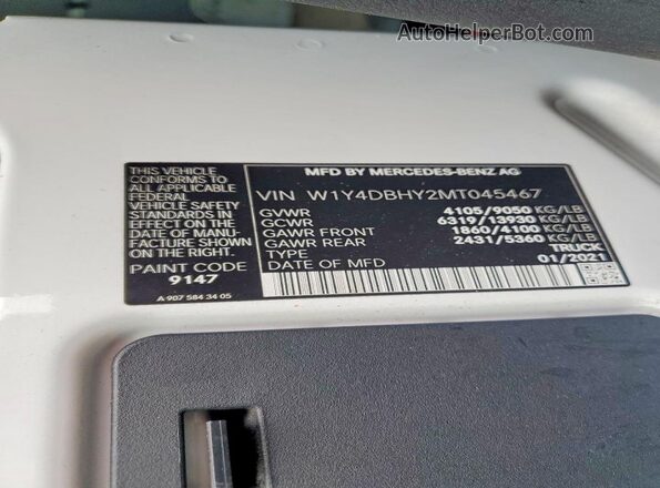 W1Y4DBHY2MT045467 2021 MERCEDES-BENZ SPRINTER White Вид наклейки з VIN-кодом