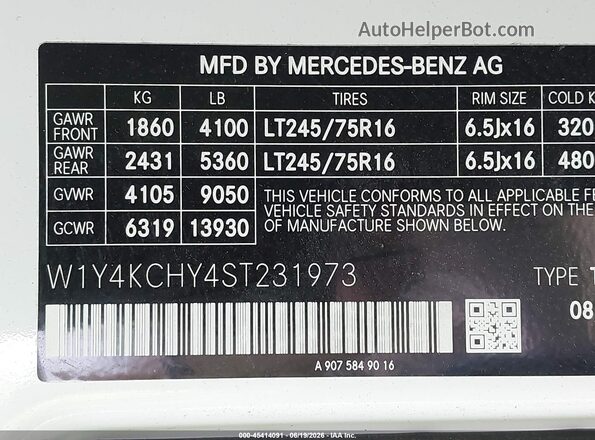 W1Y4KCHY4ST231973 2025 MERCEDES-BENZ SPRINTER White Vista de la etiqueta del VIN