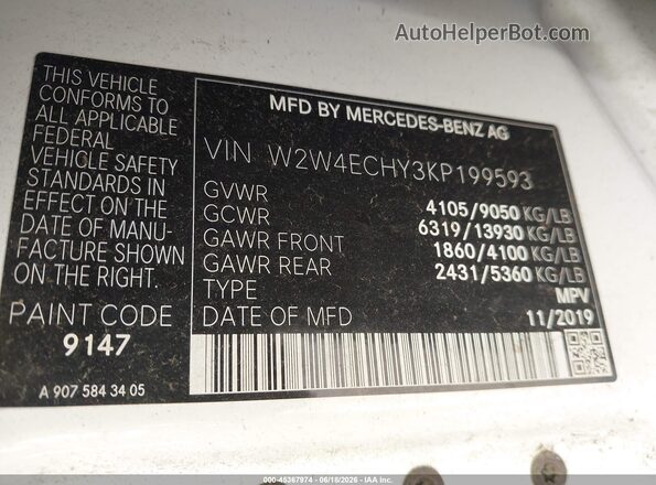 W2W4ECHY3KP199593 2019 FREIGHTLINER SPRINTER 2500 White Вид підкапотного простору