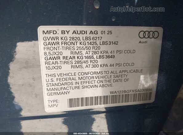 WA122BGFXSA030896 2025 AUDI Q6 E-TRON Blue Вид підкапотного простору