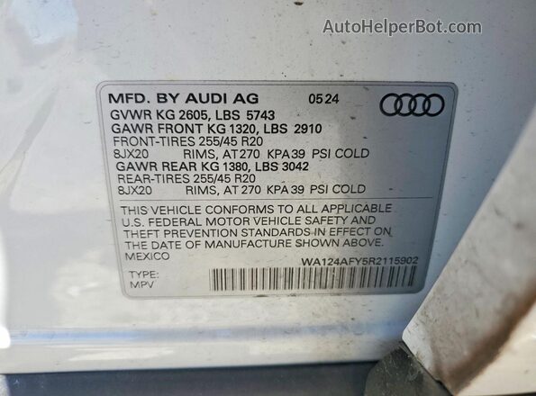 WA124AFY5R2115902 2024 AUDI SQ5 White Vista interior de 360 grados