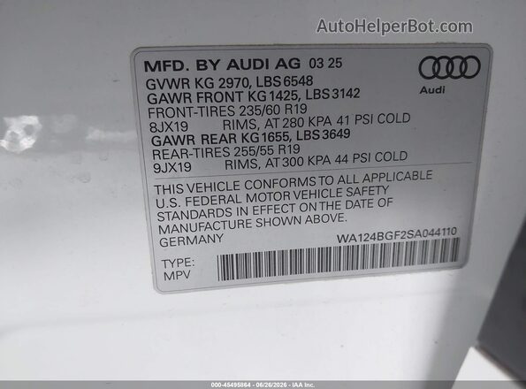 WA124BGF2SA044110 2025 AUDI Q6 E-TRON White Widok komory silnika