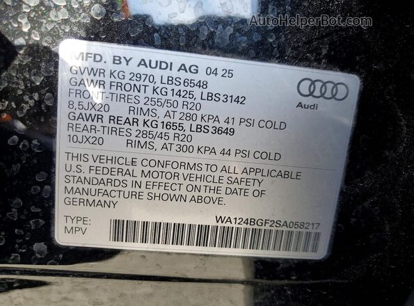 WA124BGF2SA058217 2025 AUDI OTHER Black VIN sticker view