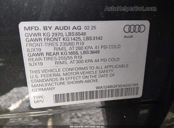 WA124BGF3SA042169 2025 AUDI Q6 E-TRON Черный 