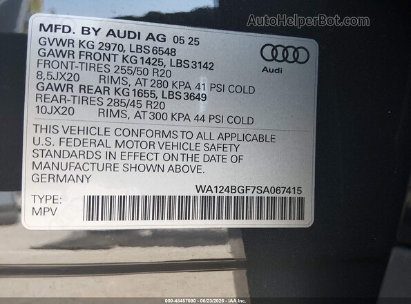 WA124BGF7SA067415 2025 AUDI Q6 E-TRON Gray VIN կոդի պիտակի տեսք