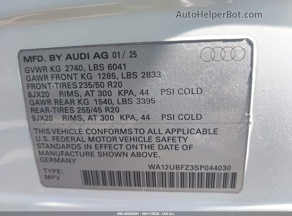 WA12UBFZ3SP044030 2025 AUDI Q4 E-TRON White Вид підкапотного простору