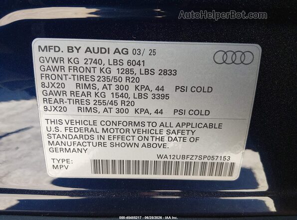 WA12UBFZ7SP057153 2025 AUDI Q4 E-TRON Blue Widok komory silnika