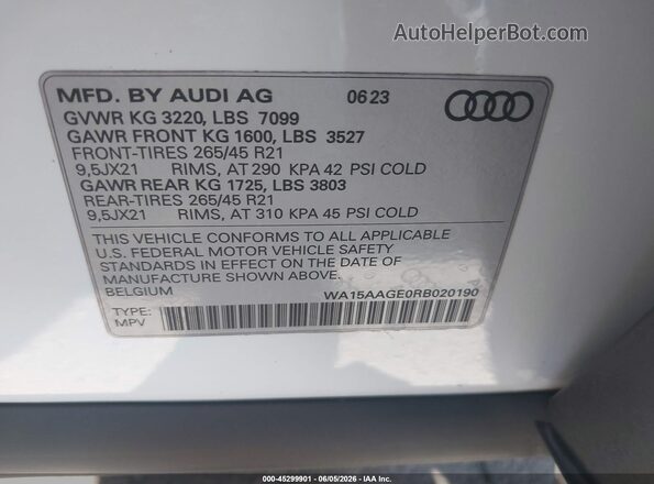 WA15AAGE0RB020190 2024 AUDI Q8 E-TRON Белый Вид подкапотного пространства