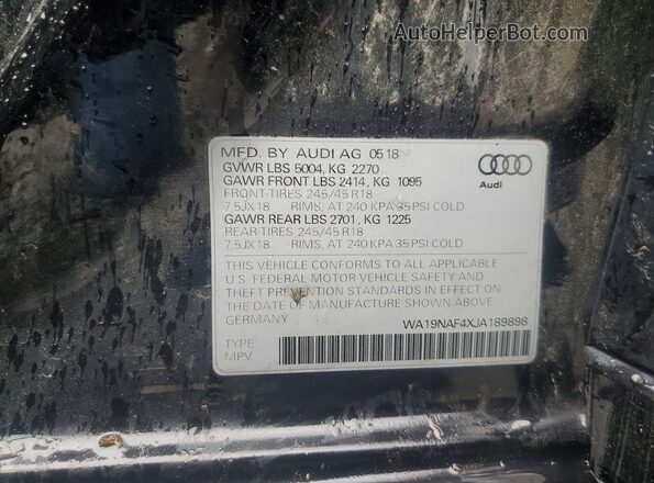WA19NAF4XJA189898 2018 AUDI A4 Black VIN კოდის სტიკერის ხედი