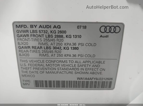 WA1A4AFY9J2212505 2018 AUDI SQ5 White ძრავის განყოფილების ხედი