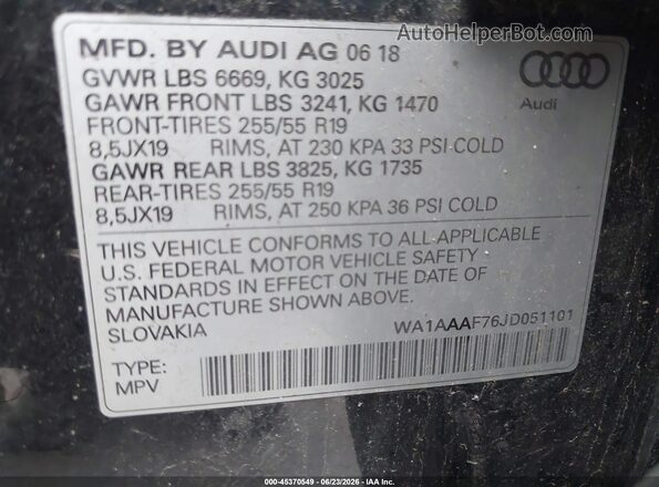 WA1AAAF76JD051101 2018 AUDI Q7 Black Вид підкапотного простору