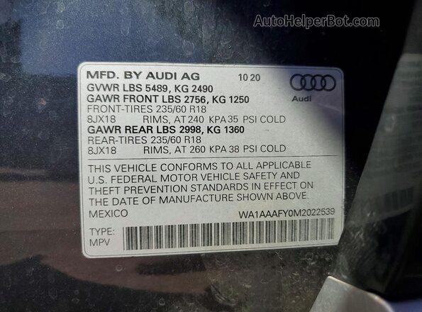 WA1AAAFY0M2022539 2021 AUDI Q5 Gray VIN sticker view