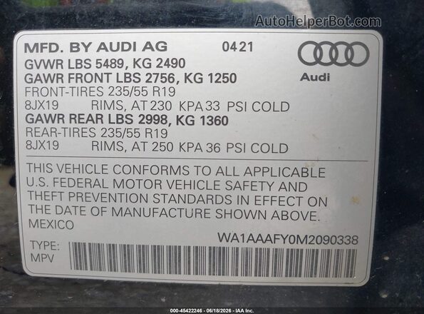 WA1AAAFY0M2090338 2021 AUDI Q5 Black ძრავის განყოფილების ხედი
