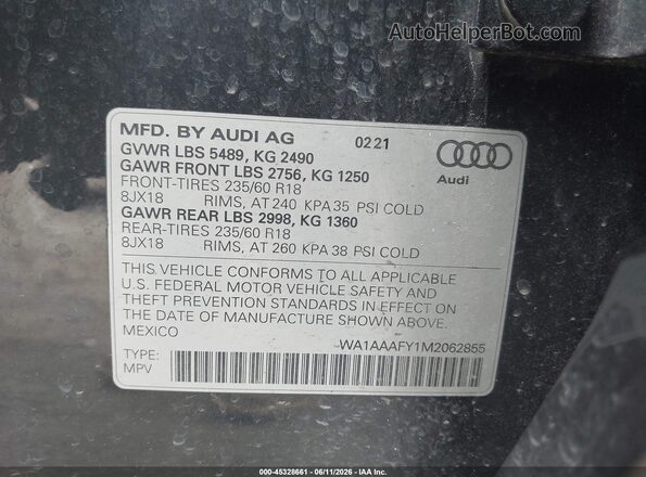 WA1AAAFY1M2062855 2021 AUDI Q5 Gray Vista del compartimento del motor