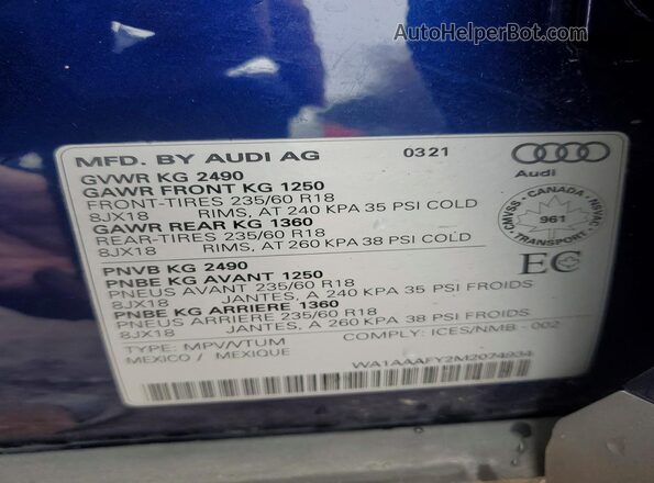 WA1AAAFY2M2074934 2021 AUDI Q5 Синий 