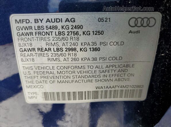 WA1AAAFY4M2102863 2021 AUDI Q5 Blue 