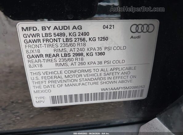 WA1AAAFY5M2086253 2021 AUDI Q5 Black Widok komory silnika