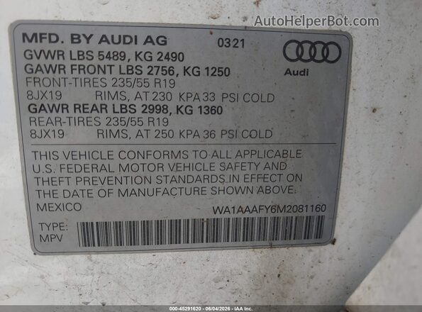 WA1AAAFY6M2081160 2021 AUDI Q5 White Engine compartment view