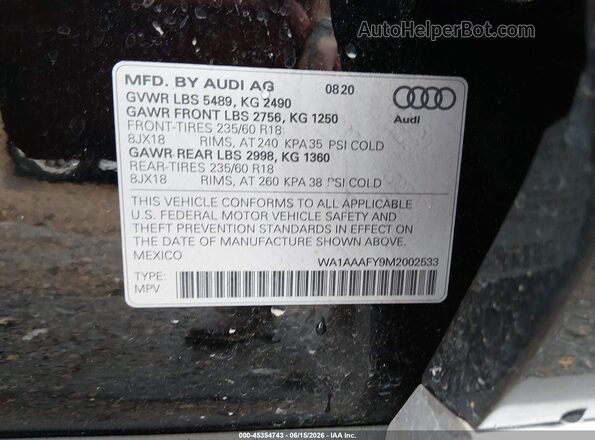 WA1AAAFY9M2002533 2021 AUDI Q5 Black Vista del compartimento del motor