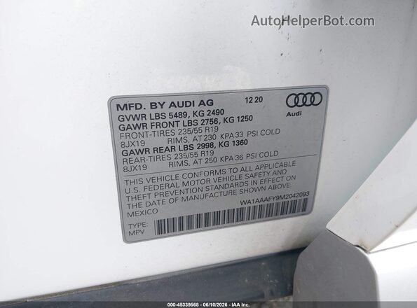 WA1AAAFY9M2042093 2021 AUDI Q5 White ძრავის განყოფილების ხედი