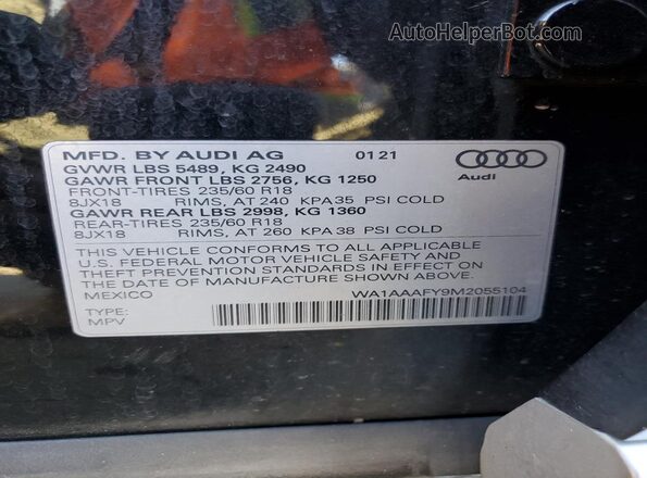 WA1AAAFY9M2055104 2021 AUDI Q5 Black Widok naklejki z numerem VIN