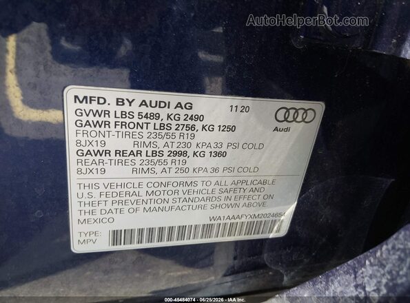 WA1AAAFYXM2024654 2021 AUDI Q5 Blue Engine compartment view