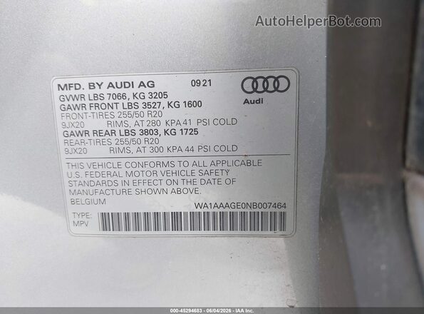 WA1AAAGE0NB007464 2022 AUDI E-TRON Silver Շարժիչի բաժամունքի տեսք