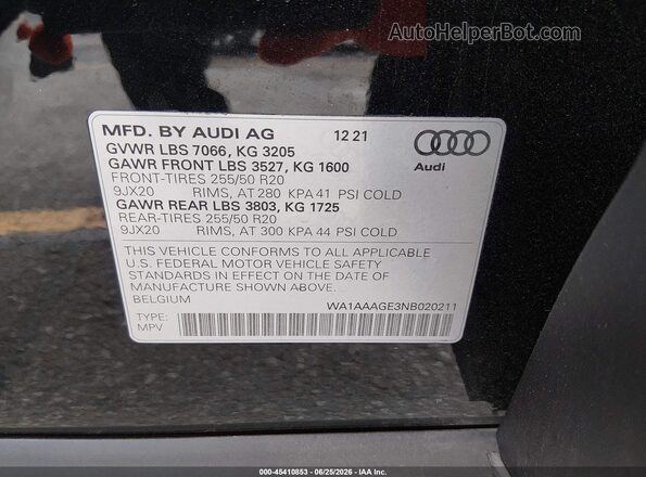 WA1AAAGE3NB020211 2022 AUDI E-TRON Black Вид підкапотного простору