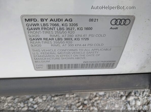 WA1AAAGE7NB005095 2022 AUDI E-TRON White Շարժիչի բաժամունքի տեսք