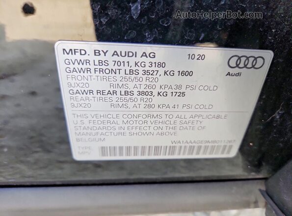 WA1AAAGE9MB011267 2021 AUDI E-TRON Black Вид наклейки з VIN-кодом