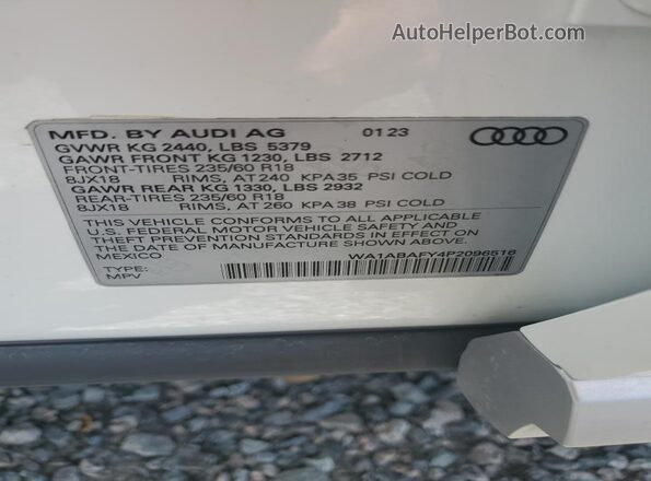 WA1ABAFY4P2096516 2023 AUDI Q5 Белый Вид наклейки с VIN-кодом
