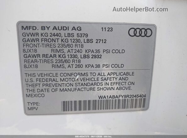 WA1ABAFY9R2045404 2024 AUDI Q5 White Vista del compartimento del motor