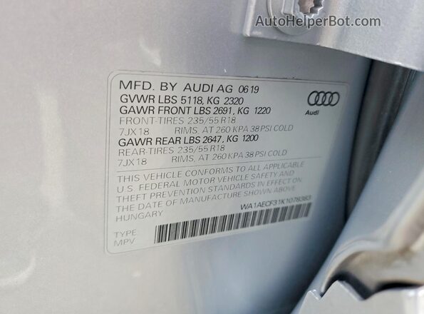 WA1AECF31K1078383 2019 AUDI Q3 Gray VIN կոդի պիտակի տեսք