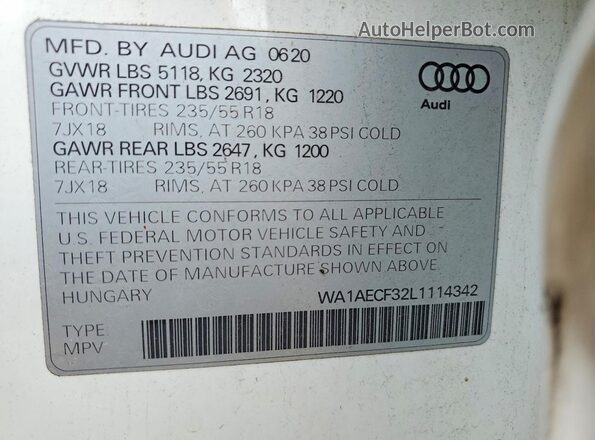 WA1AECF32L1114342 2020 AUDI Q3 Белый Панорамный вид салона 360°