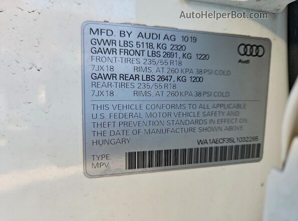 WA1AECF35L1032265 2020 AUDI Q3 White VIN sticker view