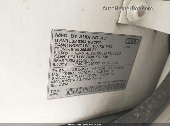 WA1AJAF70MD038834 2021 AUDI Q7 Белый Вид подкапотного пространства