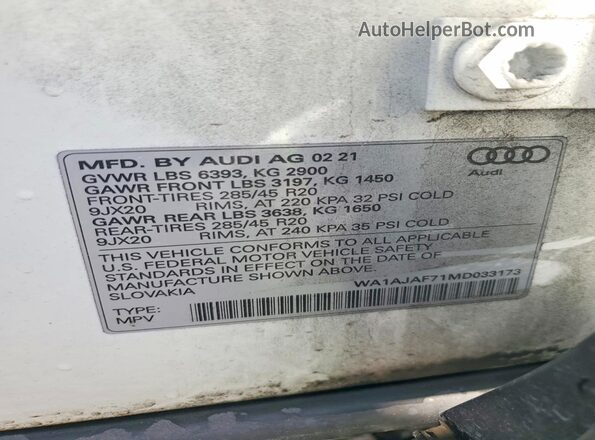 WA1AJAF71MD033173 2021 AUDI Q7 White 