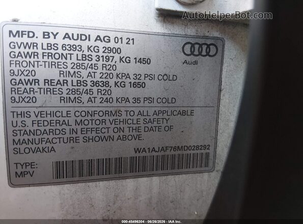 WA1AJAF76MD028292 2021 AUDI Q7 White Engine compartment view