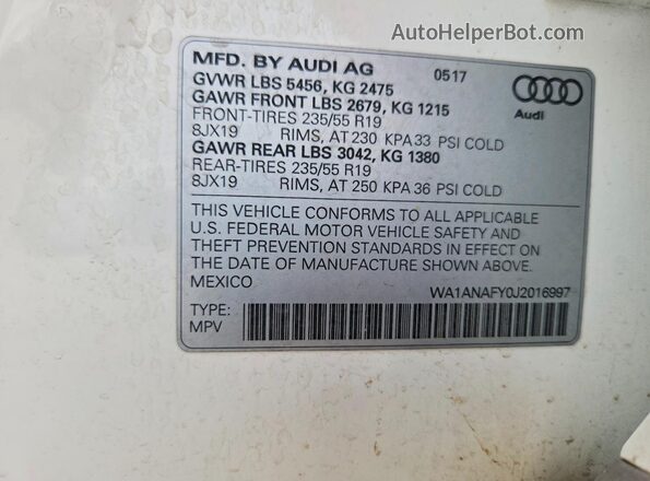 WA1ANAFY0J2016997 2018 AUDI Q5 White Вид наклейки з VIN-кодом