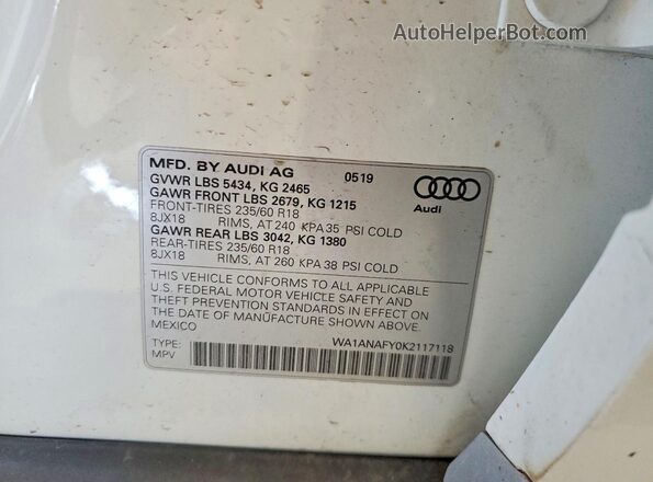 WA1ANAFY0K2117118 2019 AUDI Q5 White 