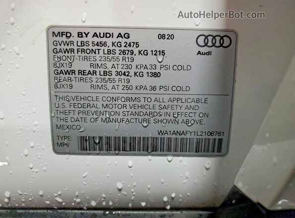 WA1ANAFY1L2106761 2020 AUDI Q5 White ძრავის განყოფილების ხედი
