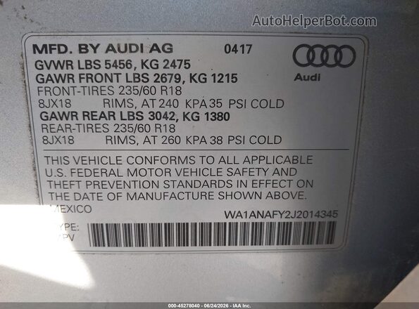 WA1ANAFY2J2014345 2018 AUDI Q5 Silver Vista del compartimento del motor