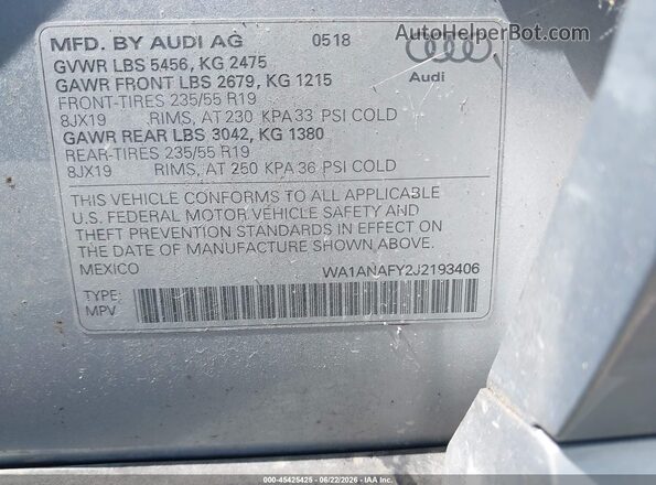 WA1ANAFY2J2193406 2018 AUDI Q5 Silver Widok komory silnika