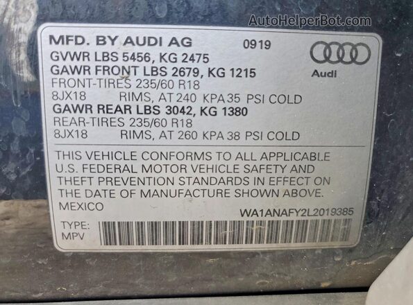 WA1ANAFY2L2019385 2020 AUDI Q5 Charcoal VIN კოდის სტიკერის ხედი