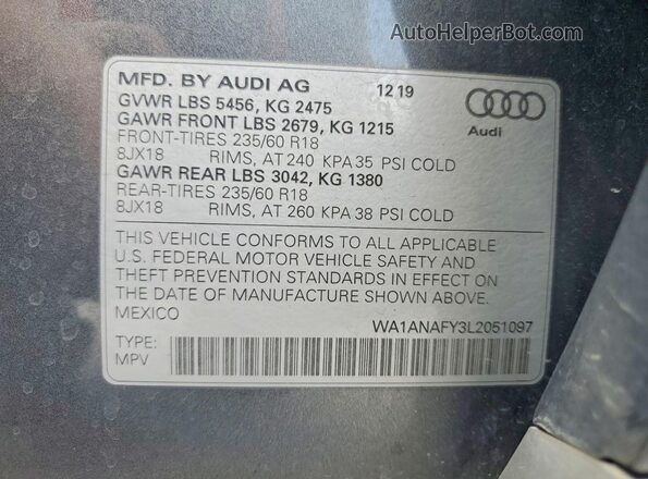 WA1ANAFY3L2051097 2020 AUDI Q5 Gray VIN կոդի պիտակի տեսք