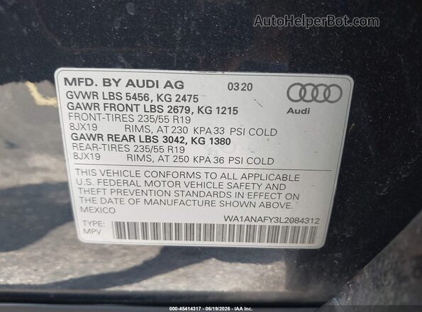 WA1ANAFY3L2084312 2020 AUDI Q5 Dark Blue Widok komory silnika