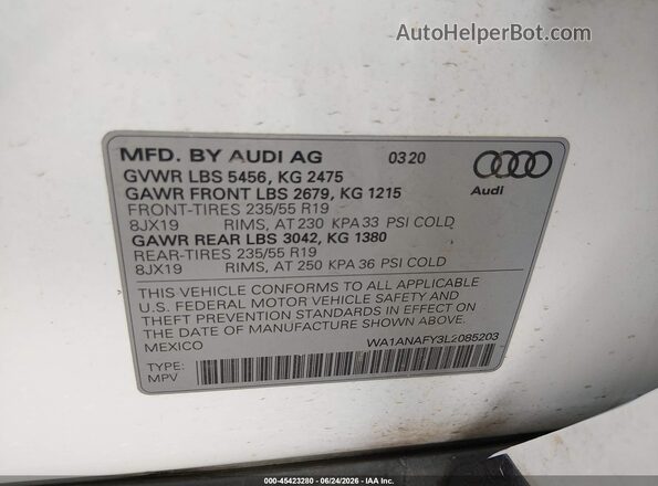 WA1ANAFY3L2085203 2020 AUDI Q5 White ძრავის განყოფილების ხედი