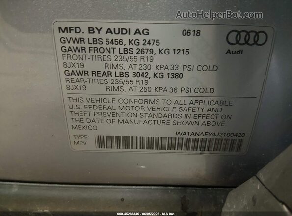 WA1ANAFY4J2199420 2018 AUDI Q5 Серебряный Вид подкапотного пространства
